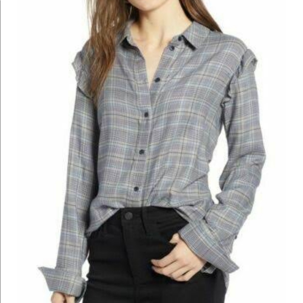 NEW* with tags - Treasure & Bond Ruffle Sleeve Shirt Grey Titanium Glen Plaid